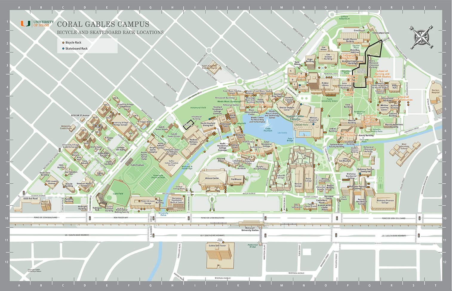 Coral Gables Campus Bicycle and Skateboard Rack Locations